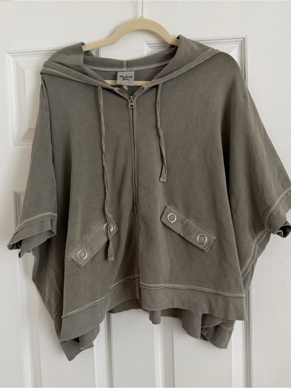 Michael Stars Olive Green Hooded Zip Front Poncho Cape OS